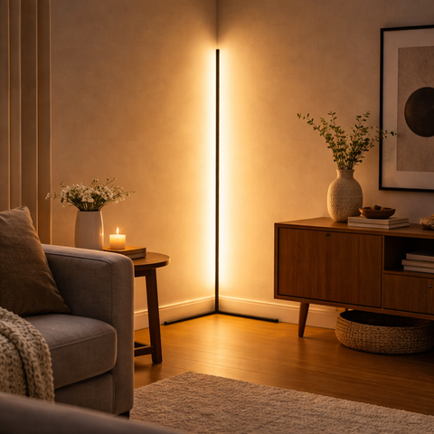 Modern LED Corner Floor Lamp with Remote Control and Dimmable Indirect Lighting