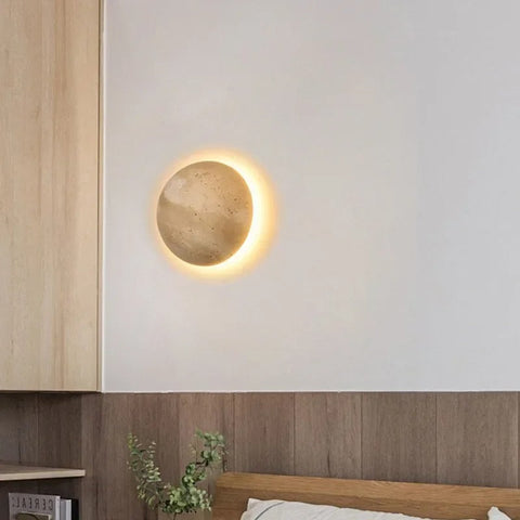 Wall Light with Round Travertine Disc and Pull-Cord Accent