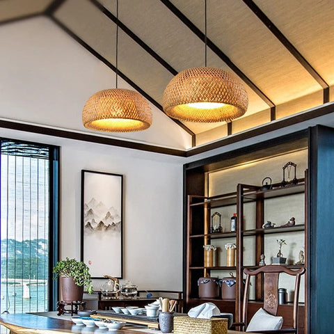 Woven Bamboo Ceiling and Pendant Light for Dining and Living Rooms