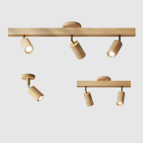 Adjustable Solid Wood Ceiling Spotlight with Three LED Light Heads for Indoor Lighting