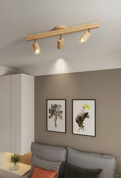 Adjustable Solid Wood Ceiling Spotlight with Three LED Light Heads for Indoor Lighting