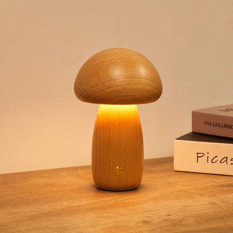 Rechargeable Wooden Mushroom Table Lamp for Soft Bedside Lighting
