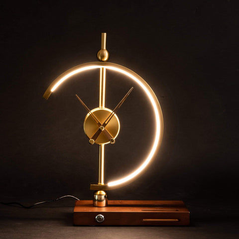 Modern LED Table Lamp with Decorative Clock, Wireless Phone Charging and Wooden Base