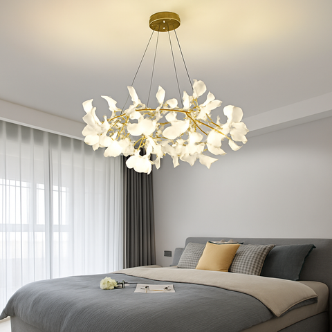Ginkgo Leaf LED Chandelier with Sculptural Branch Silhouette