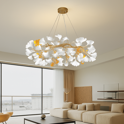 Ginkgo Leaf LED Chandelier with Sculptural Branch Silhouette