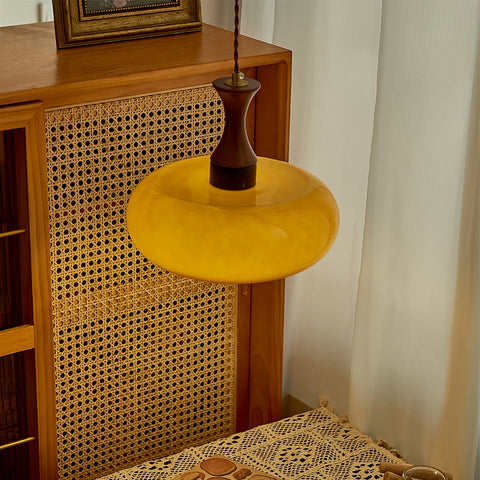 Glass Dome Pendant Light with Wood Accent