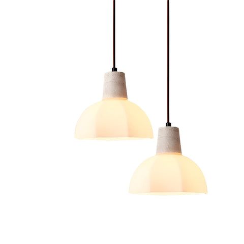 Pendant Light with Flower Glass Shade and Travertine Collar