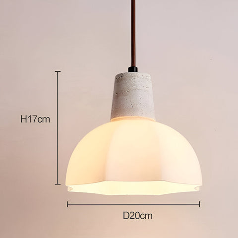 Pendant Light with Flower Glass Shade and Travertine Collar