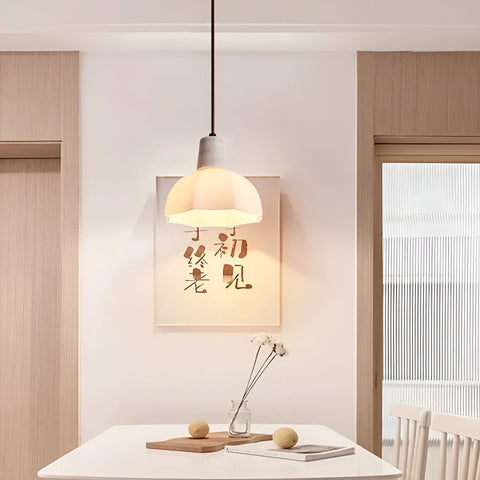 Pendant Light with Flower Glass Shade and Travertine Collar