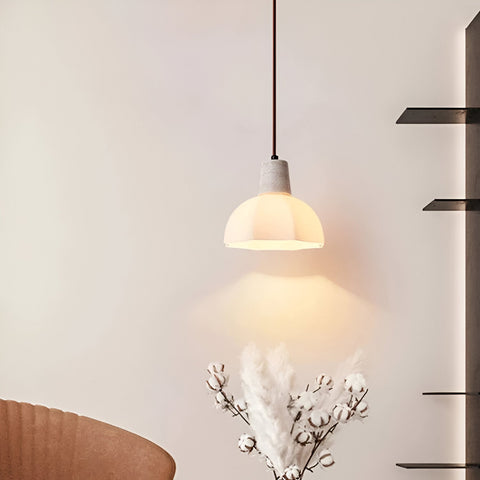 Pendant Light with Flower Glass Shade and Travertine Collar