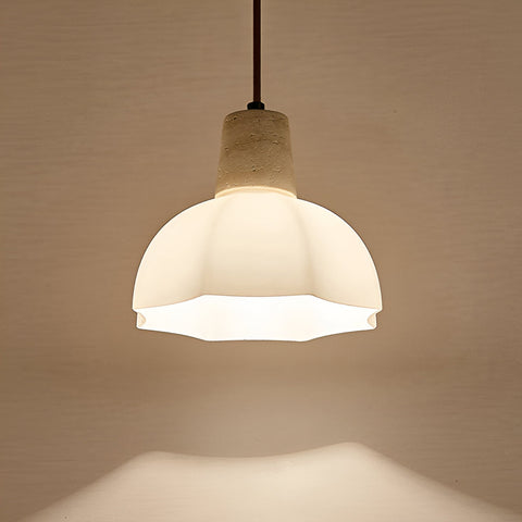 Pendant Light with Flower Glass Shade and Travertine Collar