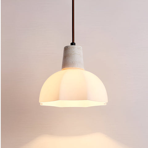 Pendant Light with Flower Glass Shade and Travertine Collar
