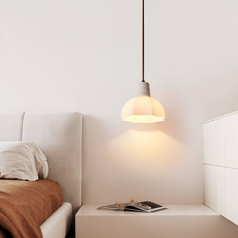Pendant Light with Flower Glass Shade and Travertine Collar