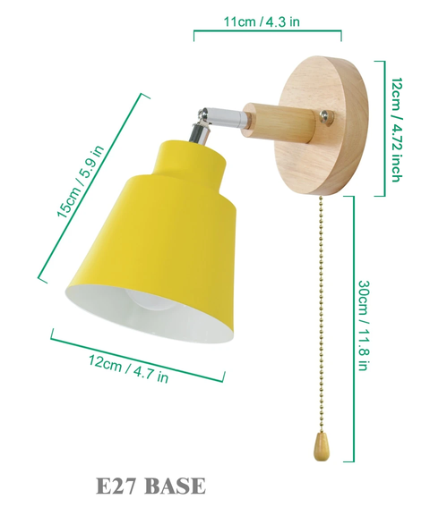 Adjustable Wooden and Metal Wall Lamp with E27 Socket and Pull Chain Switch