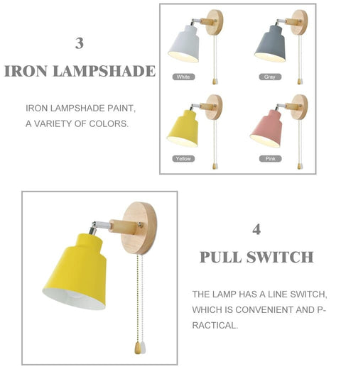 Adjustable Wooden and Metal Wall Lamp with E27 Socket and Pull Chain Switch