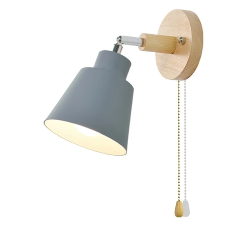 Adjustable Wooden and Metal Wall Lamp with E27 Socket and Pull Chain Switch