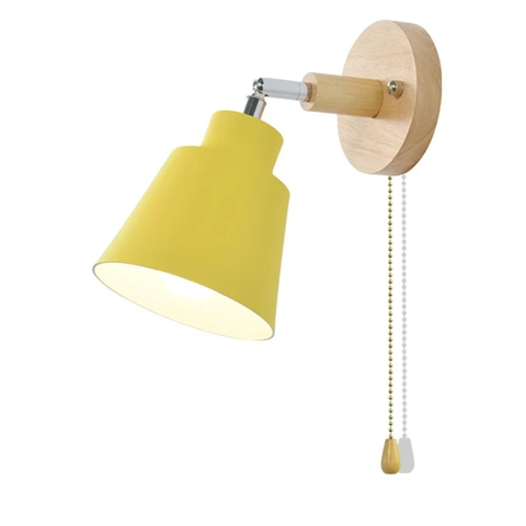 Adjustable Wooden and Metal Wall Lamp with E27 Socket and Pull Chain Switch