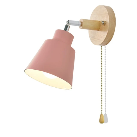 Adjustable Wooden and Metal Wall Lamp with E27 Socket and Pull Chain Switch