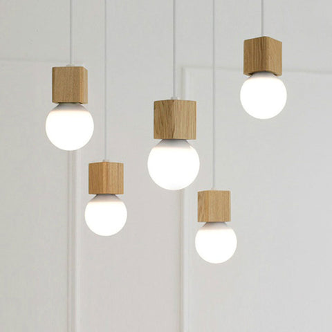 Cubic Wood Pendant Light with Opal Glass Globe for Interiors