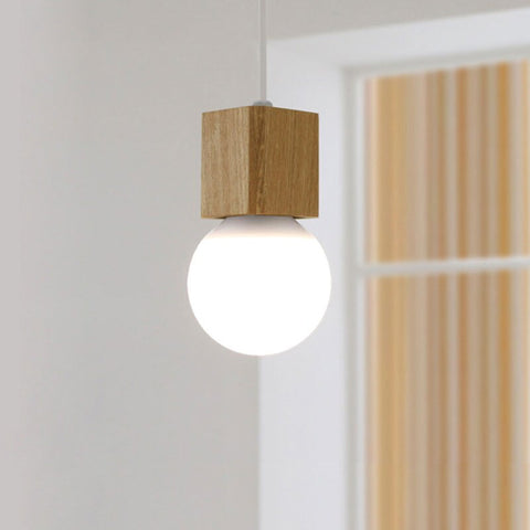 Cubic Wood Pendant Light with Opal Glass Globe for Interiors