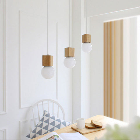 Cubic Wood Pendant Light with Opal Glass Globe for Interiors