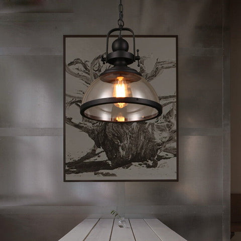 Industrial Glass Pendant Light with Metal Bowl Frame — product view