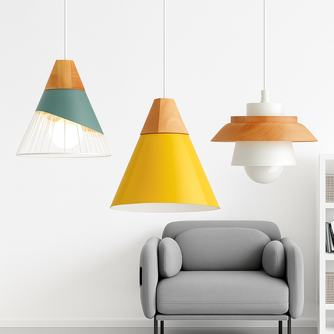 Wood and Metal Pendant Light for Kitchen Island and Bedroom Lighting