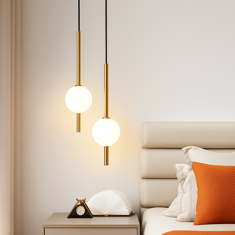 Gold Tube Pendant Light with Opal Glass Globe for Interiors