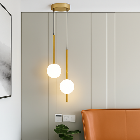 Gold Tube Pendant Light with Opal Glass Globe for Interiors