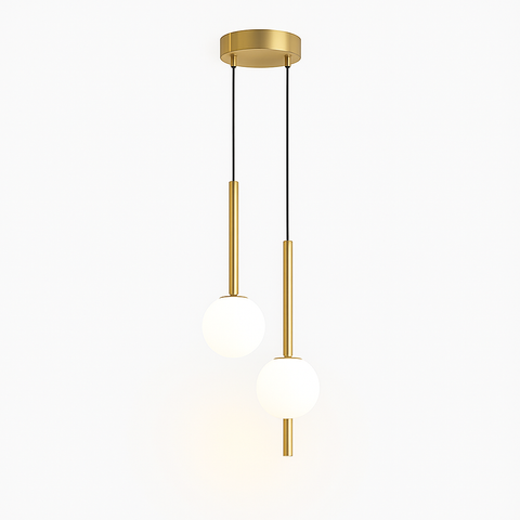 Gold Tube Pendant Light with Opal Glass Globe for Interiors
