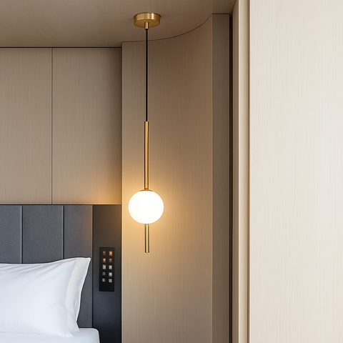 Gold Tube Pendant Light with Opal Glass Globe for Interiors