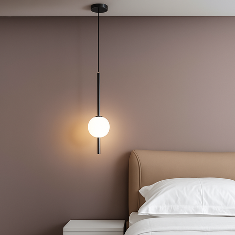 Gold Tube Pendant Light with Opal Glass Globe for Interiors