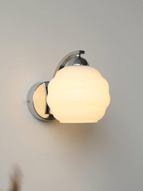 Vintage Art Deco Glass Wall Lamp with Curved Metal Arm and E26/E27 Bulb Socket