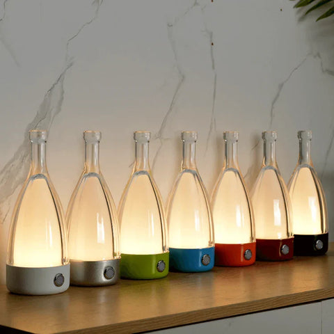 Bottle-Shaped Rechargeable LED Table Lamp with Transparent Glass-Style Shade and Colorful Base