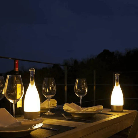 Bottle-Shaped Rechargeable LED Table Lamp with Transparent Glass-Style Shade and Colorful Base