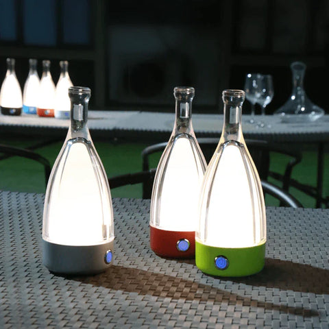 Bottle-Shaped Rechargeable LED Table Lamp with Transparent Glass-Style Shade and Colorful Base