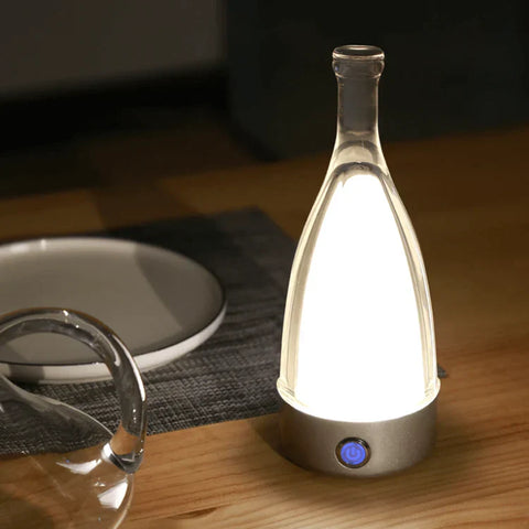 Bottle-Shaped Rechargeable LED Table Lamp with Transparent Glass-Style Shade and Colorful Base