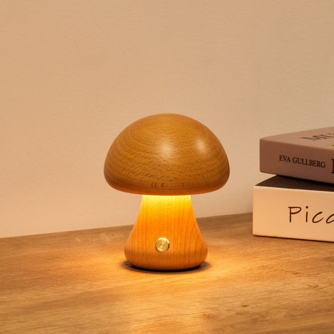 Rechargeable Wooden Mushroom Table Lamp for Soft Bedside Lighting
